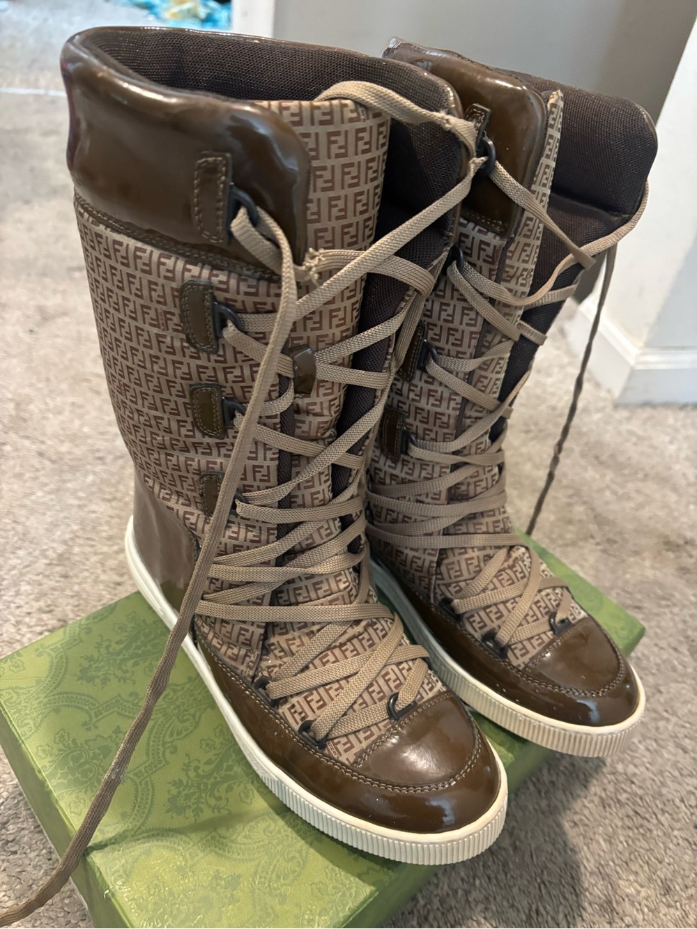 Fendi Brown Logo-Print Lace-Up High-Top Boots